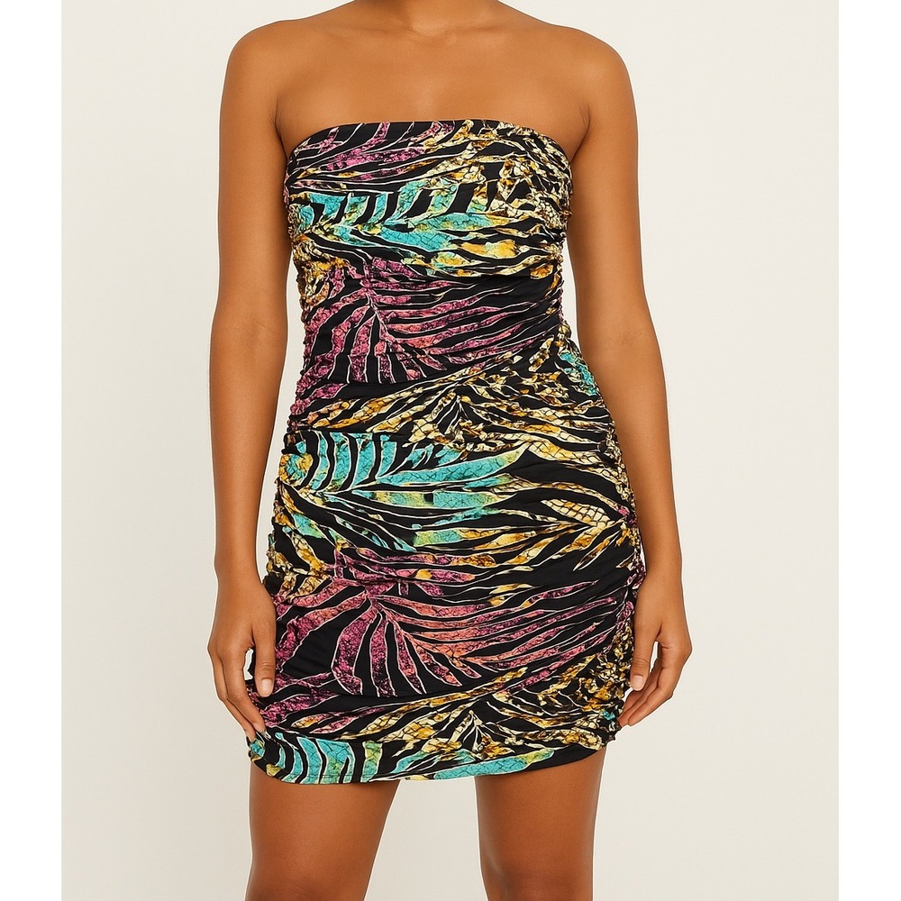 Love J Black Strapless Ruched Mini Dress‎ Tropical Print Party Cocktail Small